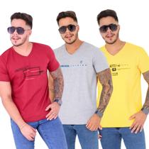 Kit 03 Camisas Gola V Masculina Silkada Casual 100%Algodão