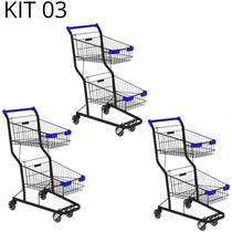 Kit 03 Carrinhos de compras Supermercado Lojas Reforçado 90L