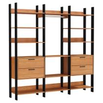 Kit 03 Closet Guarda Roupa Cabideiro 04 Gavetas Modulado 220x73cm Leaf D03 Freijó Preto - Lyam Decor