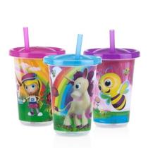 Kit 03 Copos Decorados com Canudo Rosa 300ml Nuby