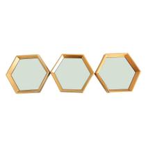Kit 03 Espelhos Decorativo Moldura Hexagonal Dourado - D'rossi Kit 03 Espelhos Decorativo Moldura Hexagonal Dourado - D'rossi