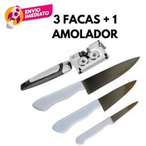 Kit 03 Faca Profissional Cabo Branco 3,5 5 E 8 Polegadas E 01 Amolador Afiador Facas Inox