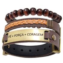 Kit 03 FÉ FORÇA CORAGEM Marrom Fecho Strap Plug e Esferas Madeira Ajustáveis