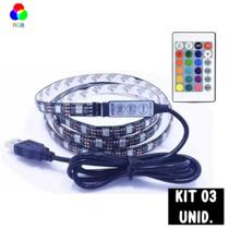 Kit 03 fita de led rgb entrada usb 5050 c/ 3 metros p/ televisão e computador com controle remoto