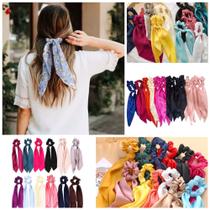 Kit 03 Laços Longo De Cabelo Liso Rabicó Cetim Estilo Lenço Delicada Scrunchie