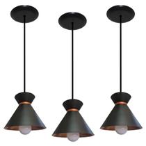Kit 03 Luminárias Pendente Ideal para Balcão cozinha Americana, Bancada, Área Gourmet - Preto com Cobre - Bivolt - 110v/220v