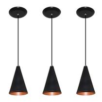Kit 03 Luminárias pendente modelo cone - Bivolt 110/220v Preto com Cobre Ideal para balcão cozinha americana, bancada