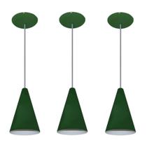 Kit 03 Luminárias pendente modelo cone Bivolt 110/220v Verde Ideal para balcão cozinha americana, bancada