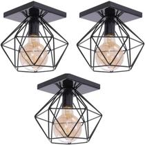 Kit 03 Lustre Luminária Plafon Quadrado Diamante Aramado Preto Luxo Moderno Pendente Retrô