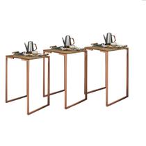 Kit 03 Mesa Lateral Canto Aparador Buffet Stan Industrial Ferro Bronze Tampo Castanho - Ahazzo Móveis