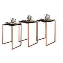 Kit 03 Mesa Lateral Canto Aparador Buffet Stan Industrial Ferro Bronze Tampo Preto - Ahazzo Móveis