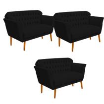 Kit 03 Namoradeira Decorativa Ster com Capitone Pés Palito em Madeira 2 Lugares Sala de Estar Recepção Escritório material sintético Preto - Damaffê Móveis