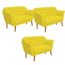 Kit 03 Namoradeira Decorativa Ster com Capitone Pés Palito em Madeira 2 Lugares Sala de Estar Recepção Escritório Suede Amarelo - Damaffê Móveis