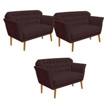 Kit 03 Namoradeira Decorativa Ster com Capitone Pés Palito em Madeira 2 Lugares Sala de Estar Recepção Escritório Suede Marrom - Damaffê Móveis