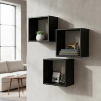 Kit 03 Nichos 20x20 MDF Preto Decoração Sala Quarto Banheiro Cozinha