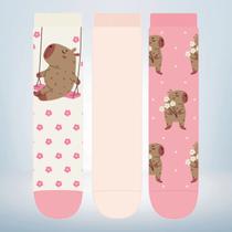 Kit 03 Pares de Meia Soquete Capivara Infantil e Adulto Feminina - Tamanho 23 a 39