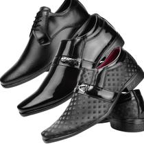 Kit 03 pares Sapato Social Masculino Moderno Confortável Preto Verniz 3D - Lovely Footwear