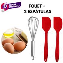 Kit 03 Pç: 1 Batedor Claras Fouet Fuê Inox E 02 Espátulas Pão Duro Silicone Massas Bolos Confeitaria