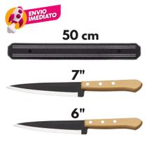 Kit 03 Pç: Barra Magnetica 50cm Suporte Organizador E 02 Facas Cabo Madeira Organizador Cozinha