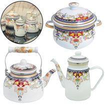 Kit 03 Pç Chaleira, Bule, Panela Esmaltados Com Indução Paris, Indiana, Cake ou Italy A5 Importadora