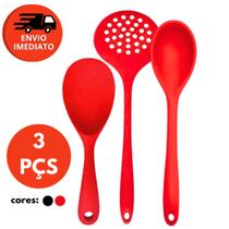 Kit 03 Pç Colher Pequena e Colher Grande Arroz e Escumadeira Universal Jogo Em Silicone Maciço
