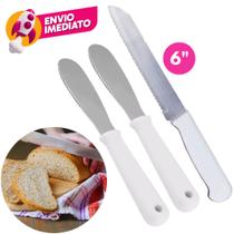 Kit 03 Pç Faca Pão 6 Polegada E 02 Espátula Para Manteiga Patê Geléia Em Aço Inox Com Cabo Branco