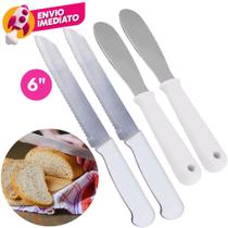 Kit 03 Pç Faca Pão 6 Polegada E 02 Espátula Para Manteiga Patê Geléia Em Aço Inox Com Cabo Branco