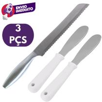 Kit 03 Pç: Faca Para Pão 8" em Aço Inox e 02 Espátula Para Manteiga Patê Em Inox Com Cabo Branco