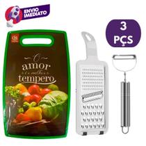 Kit 03 Pç: Tábua Corte Decorada Plástico Colorida E Ralador 01 Face E Descascador Legumes Inox