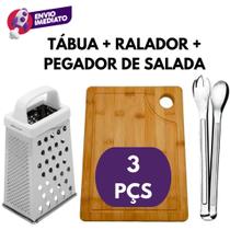 Kit 03 Pç: Tábua de Corte Bambu 33cm e Ralador 4 Faces e Pegador Para Salada 29cm Inox Utensílios