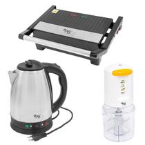 Kit 03 Pçs Grill Elétrica Austin Antiaderente, Chaleira Elétrica Inox Tropical, Mixer Malibú Elétrico 500ml 127/220V - A