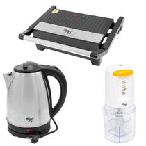 Kit 03 Pçs Grill Elétrica Austin Inox Antiaderente, Chaleira Elétrica Inox Living, Mixer Malibú Elétrico 500ml 127/220V