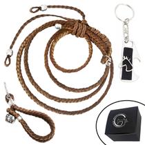 Kit 03 peças - 2 Chaveiros com Abridor de Garrafa + Penduricalho Laço Couro Marrom