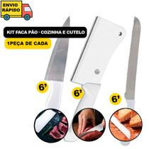 Kit 03 Peças Faca De Cozinha 6'' Inox Cabo Branco Um Cutelo 6'' Inox Cabo Branco Uma Faca De Pão 6"