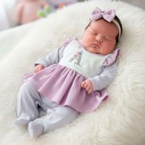 Kit 03 Peças Macacão de Bebê Menina Personalizado Lilás com Letra do Nome