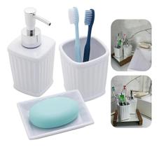 Kit 03 Peças Para Banheiro Cerâmica Antibes Branco Dispenser Saboneteira - Lyor