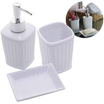 Kit 03 Peças Para Banheiro Cerâmica Antibes Branco Dispenser Saboneteira - Lyor