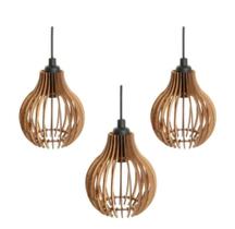 Kit 03 Pendentes De Teto Luminária Rústica Modelo Coquinho Cor Madeira Natural