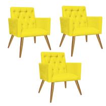 Kit 03 Poltrona Cadeira Decorativa Fernanda com Capitone Pés Palito Sala de Estar Recepção Escritório Suede Amarelo - Damaffê Móveis
