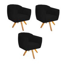 Kit 03 Poltrona Cadeira Decorativa Ludi Base Giratória Sala de Estar Recepção Escritório material sintético Preto - Damaffê Móveis