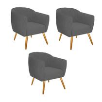 Kit 03 Poltrona Cadeira Decorativa Ludi Pés Palito Sala de Estar Recepção Escritório material sintético Cinza - KDAcanto Móveis