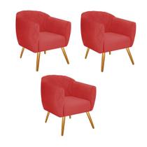 Kit 03 Poltrona Cadeira Decorativa Ludi Pés Palito Sala de Estar Recepção Escritório Suede Vermelho - Damaffê Móveis