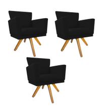 Kit 03 Poltrona Cadeira Decorativa Mind Base Giratória Sala de Estar Recepção Escritório Suede Preto - KDAcanto Móveis