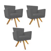 Kit 03 Poltrona Cadeira Decorativa Mind Base Giratória Sala de Estar Recepção Escritório Tecido Sintético Cinza - KDAcanto Móveis
