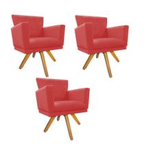 Kit 03 Poltrona Cadeira Decorativa Mind Base Giratória Sala de Estar Recepção Escritório Tecido Sintético Vermelho - KDAcanto Móveis