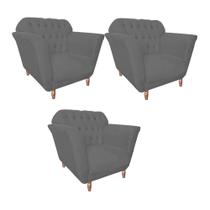 Kit 03 Poltrona Cadeira Decorativa Ster com Capitone Sala de Estar Recepção Escritório material sintético Cinza - Damaffê Móveis