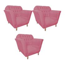 Kit 03 Poltrona Cadeira Decorativa Ster com Capitone Sala de Estar Recepção Escritório material sintético Rosa Bebê - Damaffê Móveis