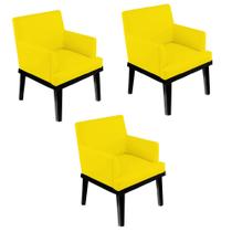 Kit 03 Poltrona Cadeira Decorativa Vitória Pés Madeira Sala de Estar Recepção Escritório Consultório material sintético Amarelo - KDAcanto Móveis