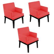 Kit 03 Poltrona Cadeira Decorativa Vitória Pés Madeira Sala de Estar Recepção Escritório Consultório material sintético Vermelho - Damaffê Móveis