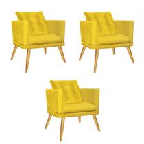 Kit 03 Poltrona Cadeira Lucia Confort Com almofada Sala Recepção Escritório Pé Madeira Suede Amarelo - KDAcanto Móveis